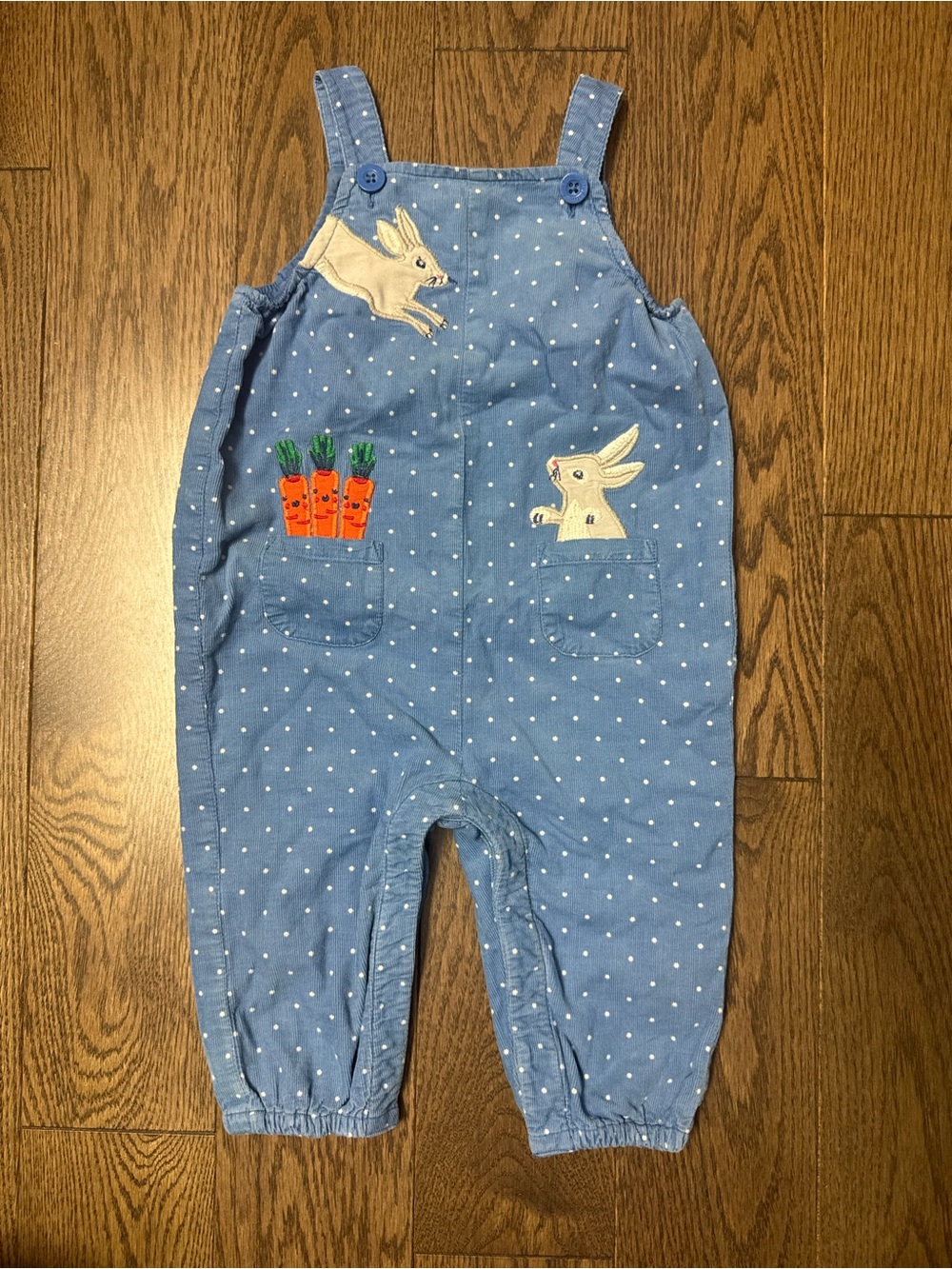 Baby Boden Blue Polka Dot Overalls with Bunny & Carrot Appliqués 9/12m